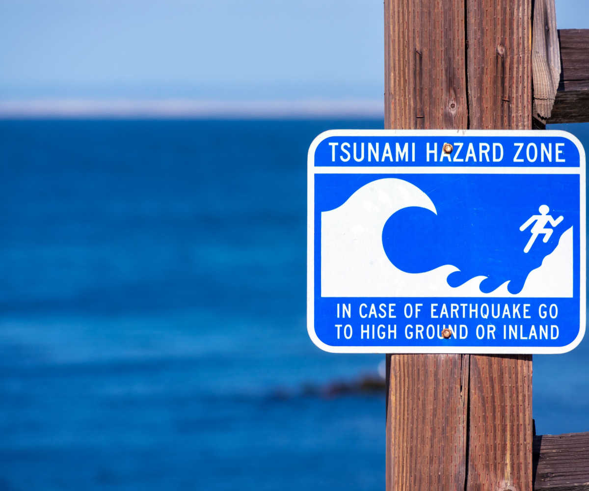 Tsunami Hazard Zone warning sign on the Pacific Ocean coast warn the public about possible danger after an earthquake. Blurred blue ocean surface on horizon